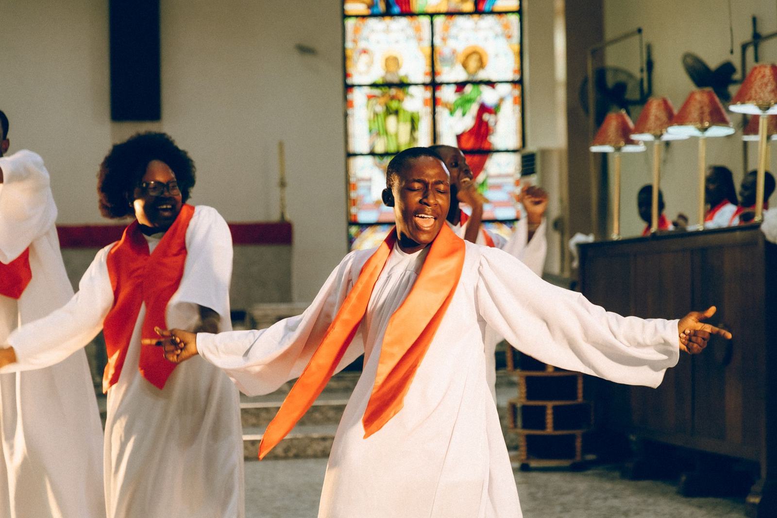 A church choir singing and worshipping together